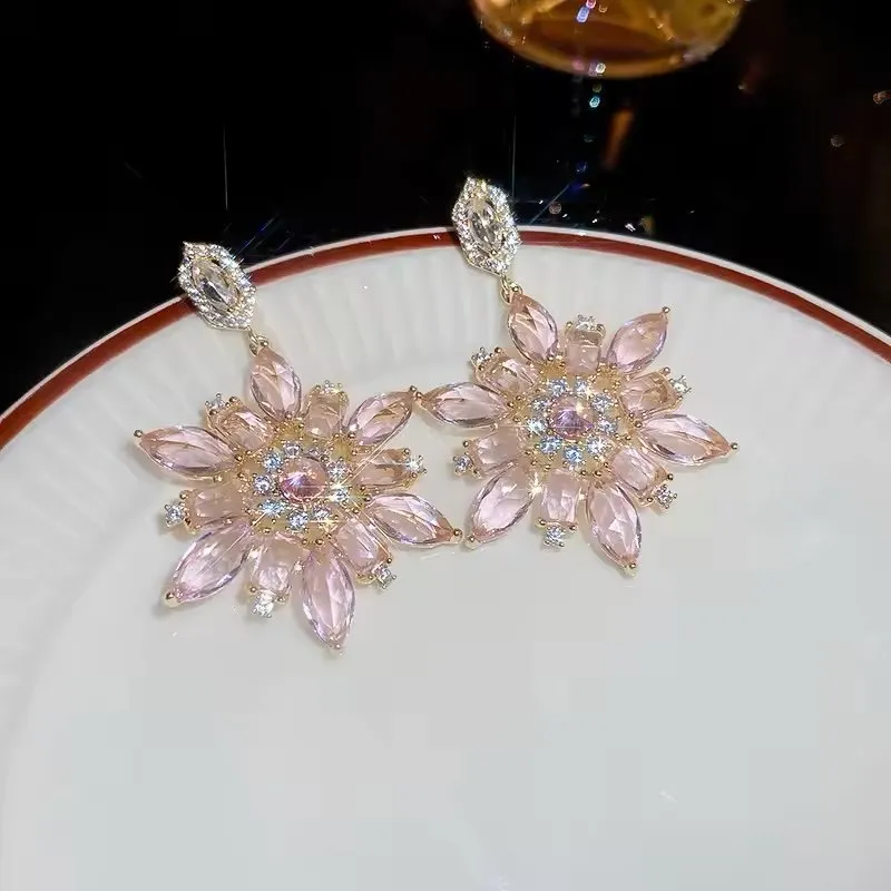 Korean style pink crystal flowers drop earrings