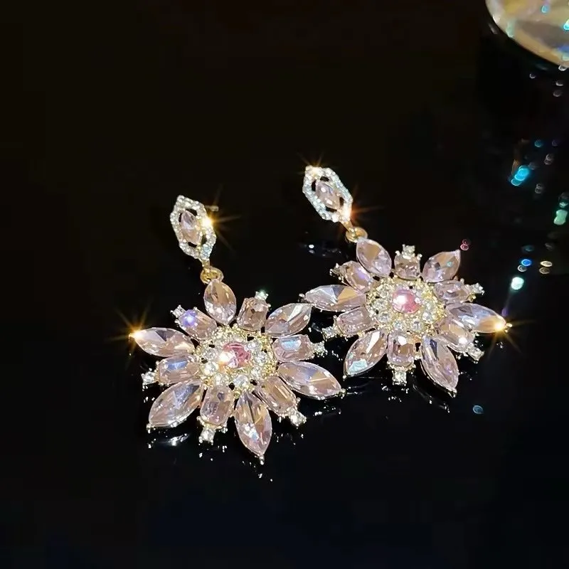 Korean style pink crystal flowers drop earrings