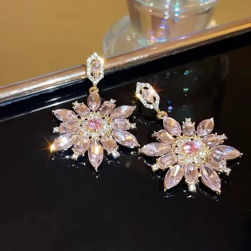 Korean style pink crystal flowers drop earrings