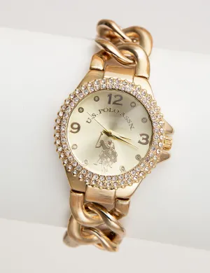 LADIES GOLD EMBELLISHED CHAIN BRACELET WATCH