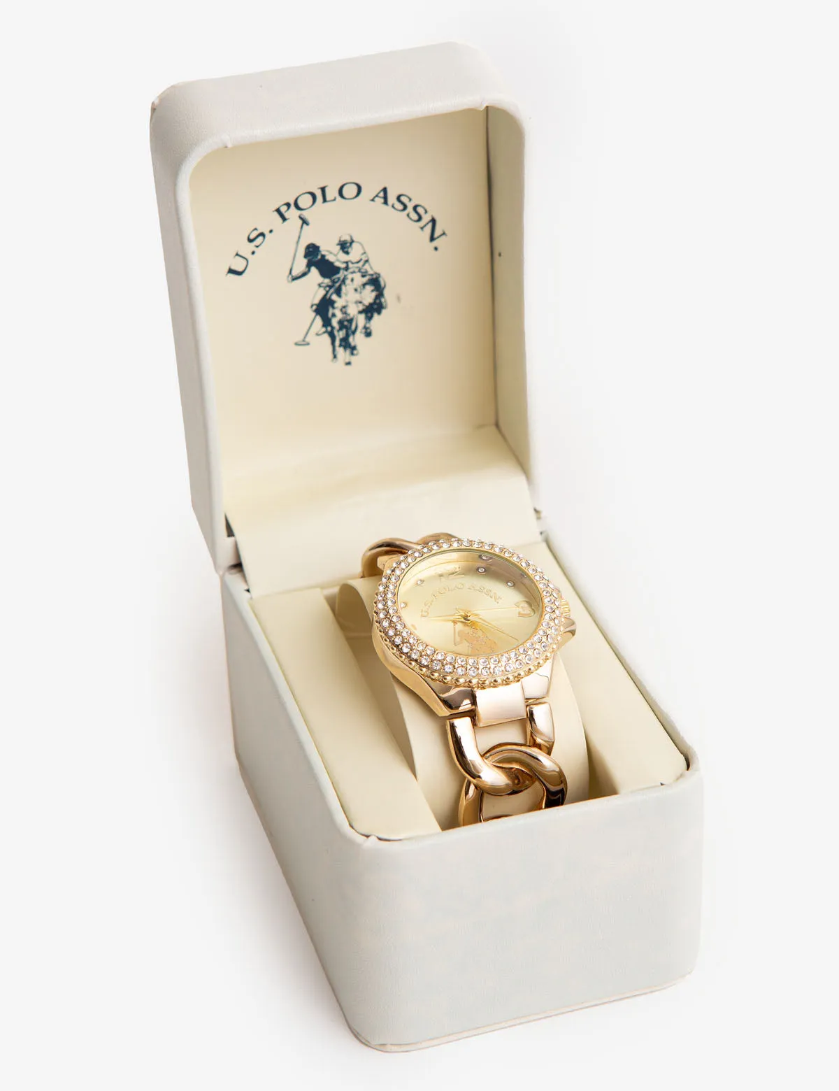LADIES GOLD EMBELLISHED CHAIN BRACELET WATCH