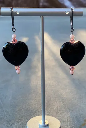 Large Black Onyx Hearts, Pink Swarovski Crystal & Pink opal drop Earrings