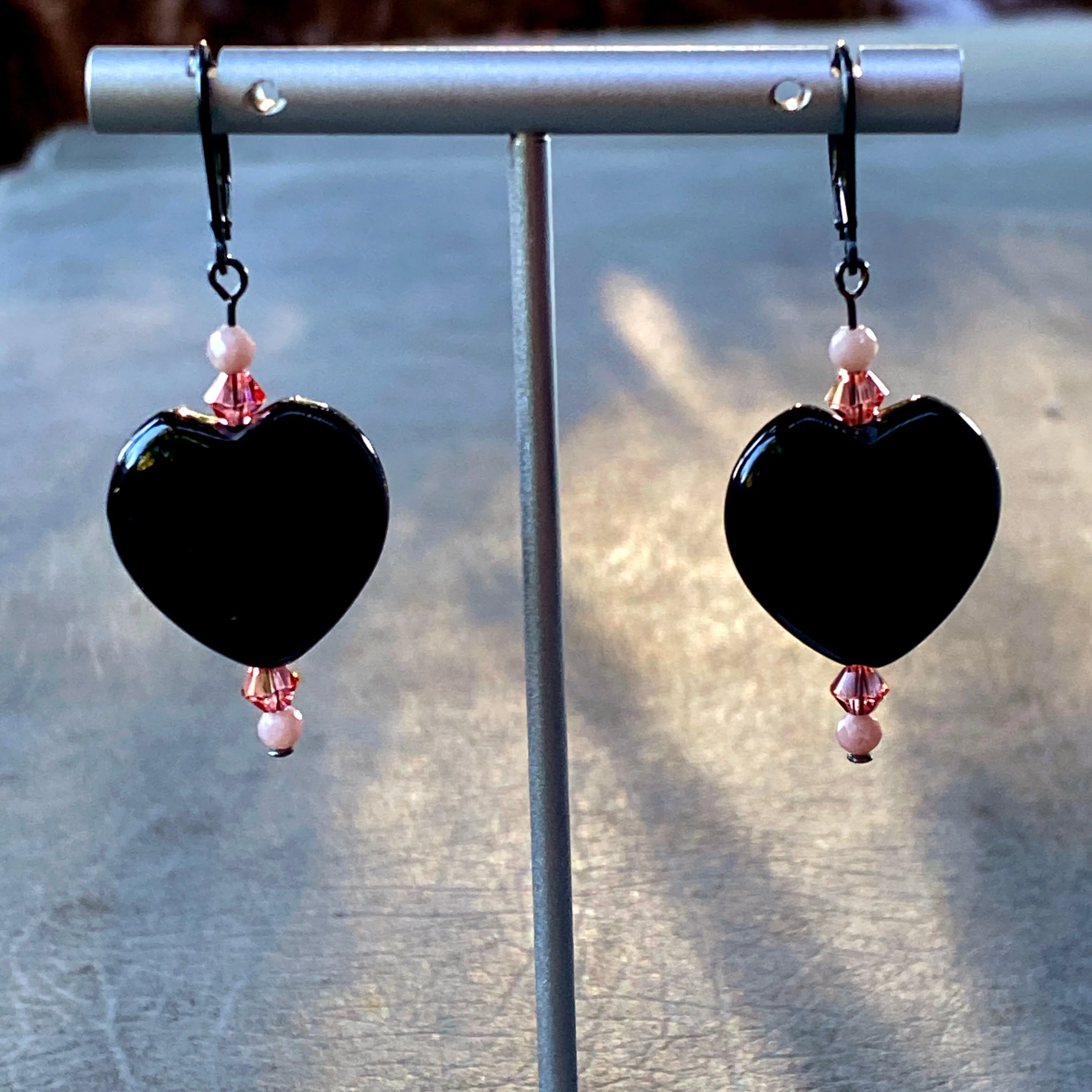 Large Black Onyx Hearts, Pink Swarovski Crystal & Pink opal drop Earrings