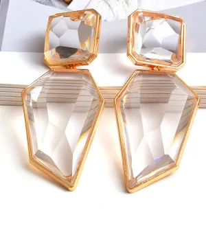 Large Gold clear earrings, chunky clear white and gold earrings, gold clear acrylic crystal earrings , bold statement  earrings 3.75”