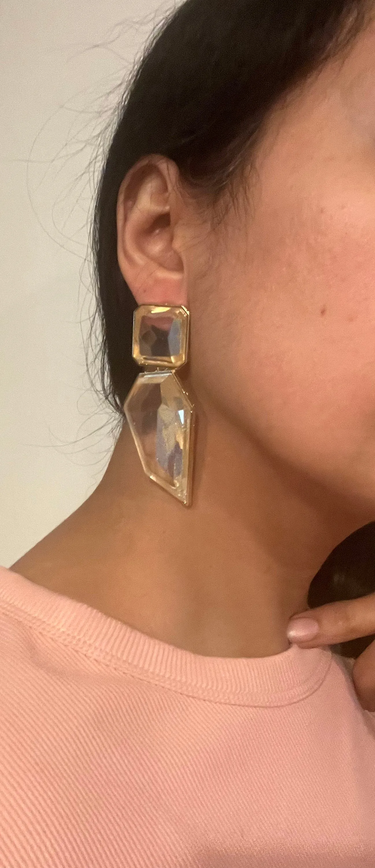 Large Gold clear earrings, chunky clear white and gold earrings, gold clear acrylic crystal earrings , bold statement  earrings 3.75”