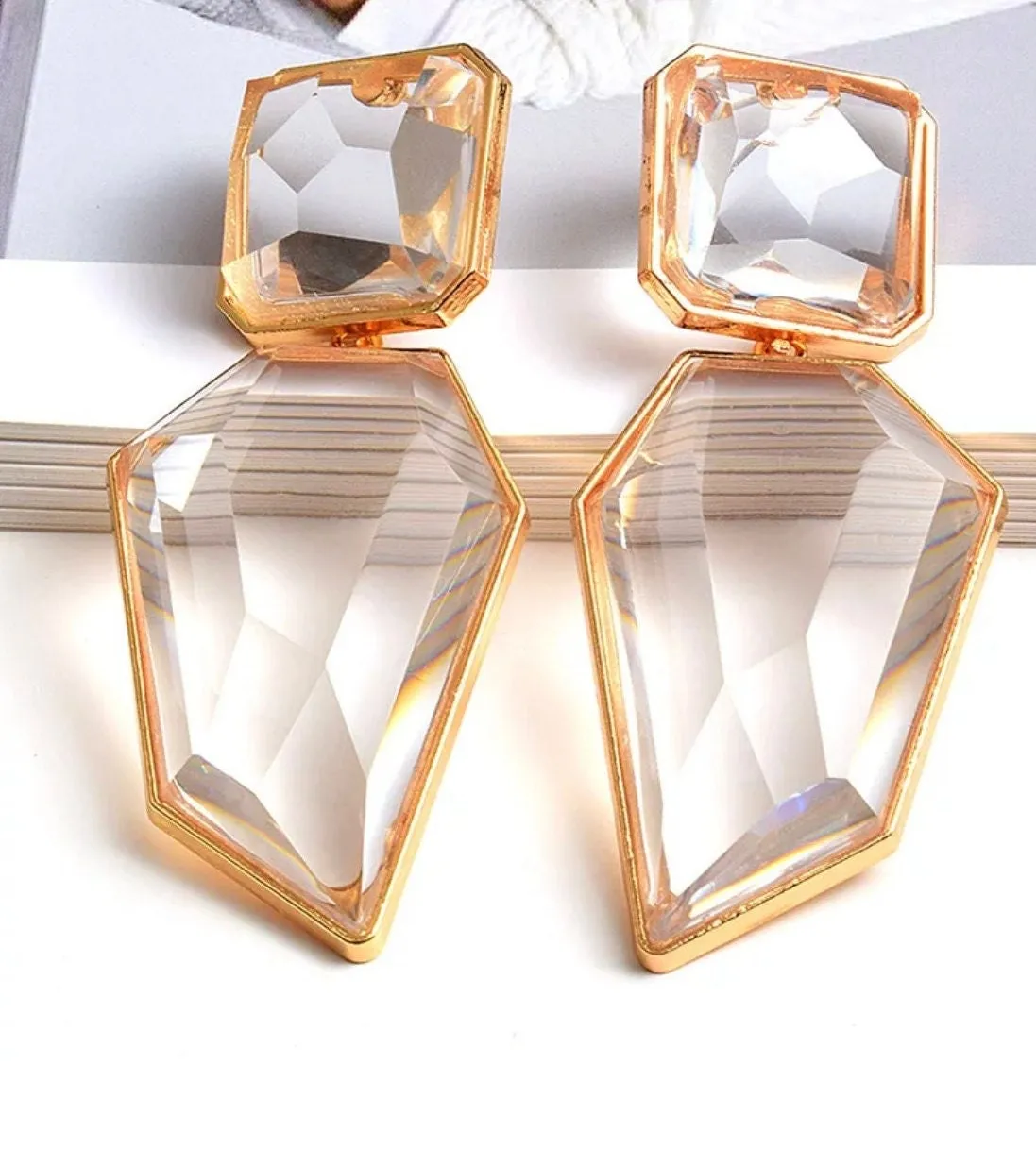 Large Gold clear earrings, chunky clear white and gold earrings, gold clear acrylic crystal earrings , bold statement  earrings 3.75”