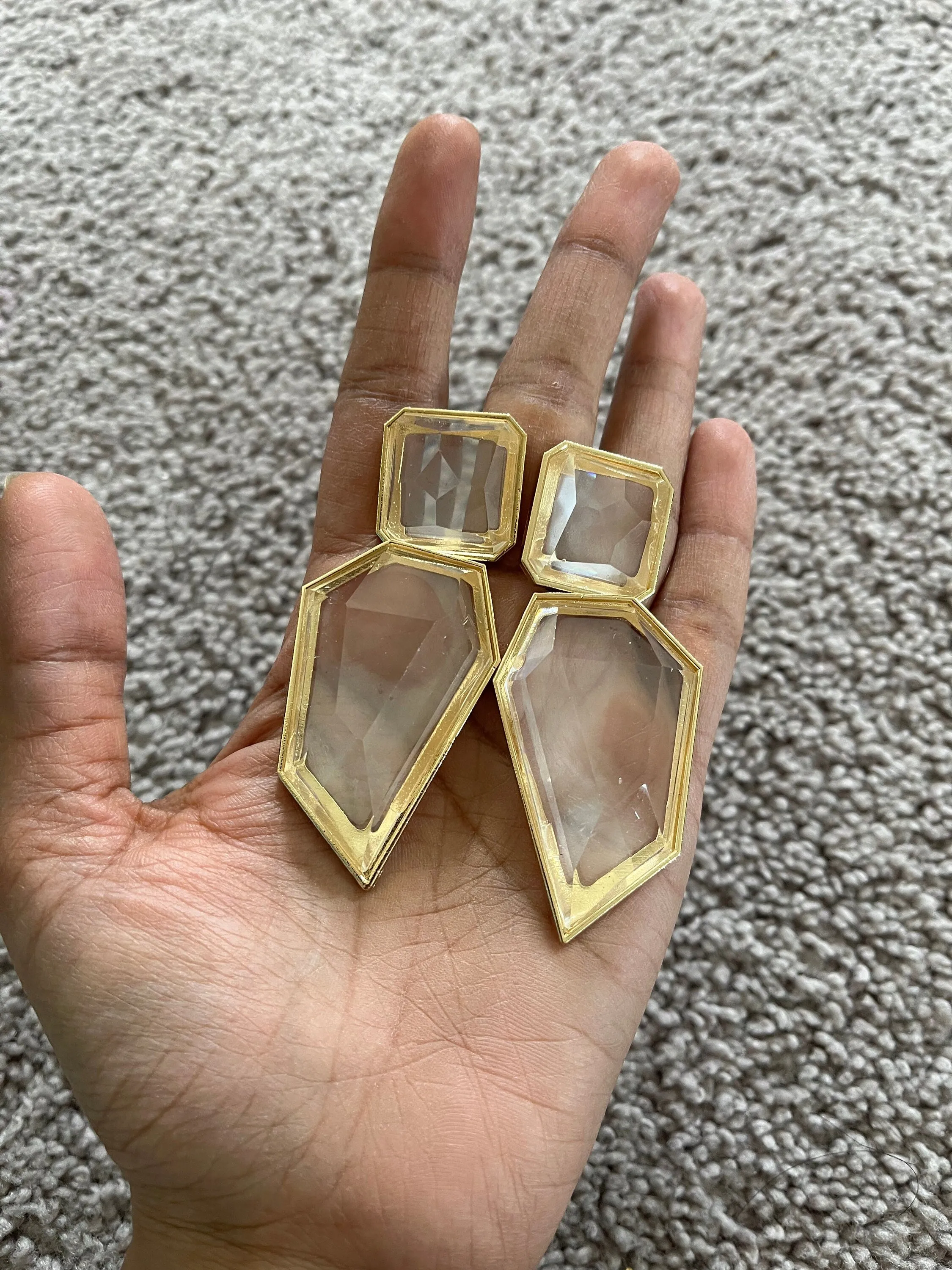 Large Gold clear earrings, chunky clear white and gold earrings, gold clear acrylic crystal earrings , bold statement  earrings 3.75”