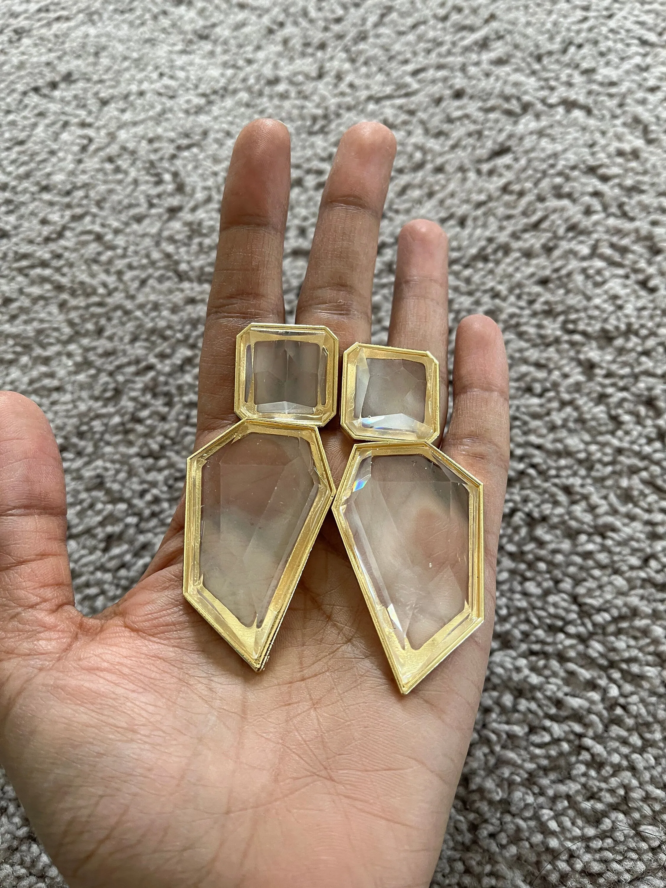 Large Gold clear earrings, chunky clear white and gold earrings, gold clear acrylic crystal earrings , bold statement  earrings 3.75”