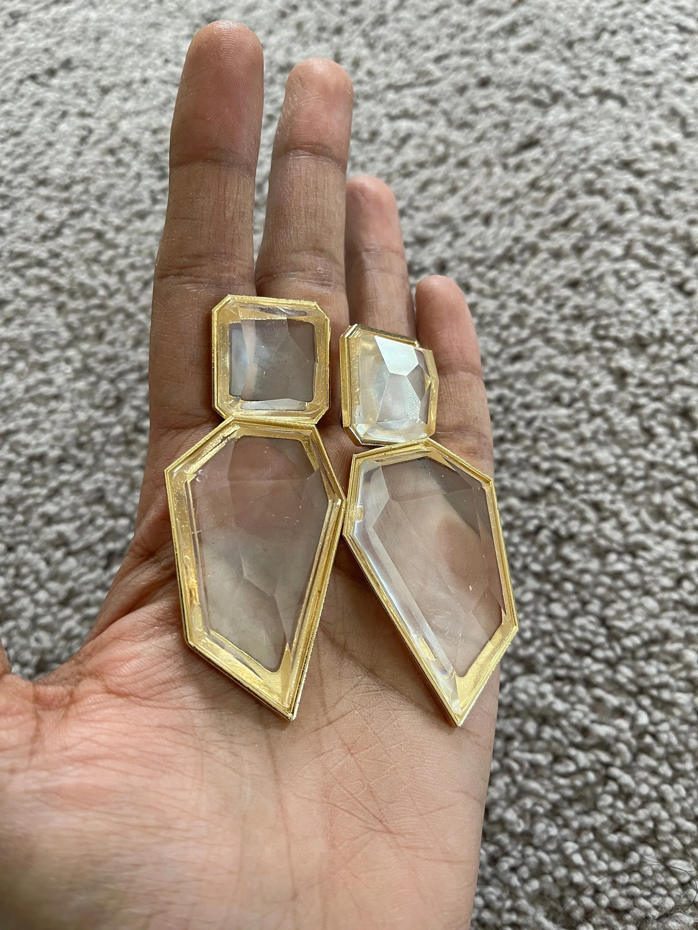 Large Gold clear earrings, chunky clear white and gold earrings, gold clear acrylic crystal earrings , bold statement  earrings 3.75”
