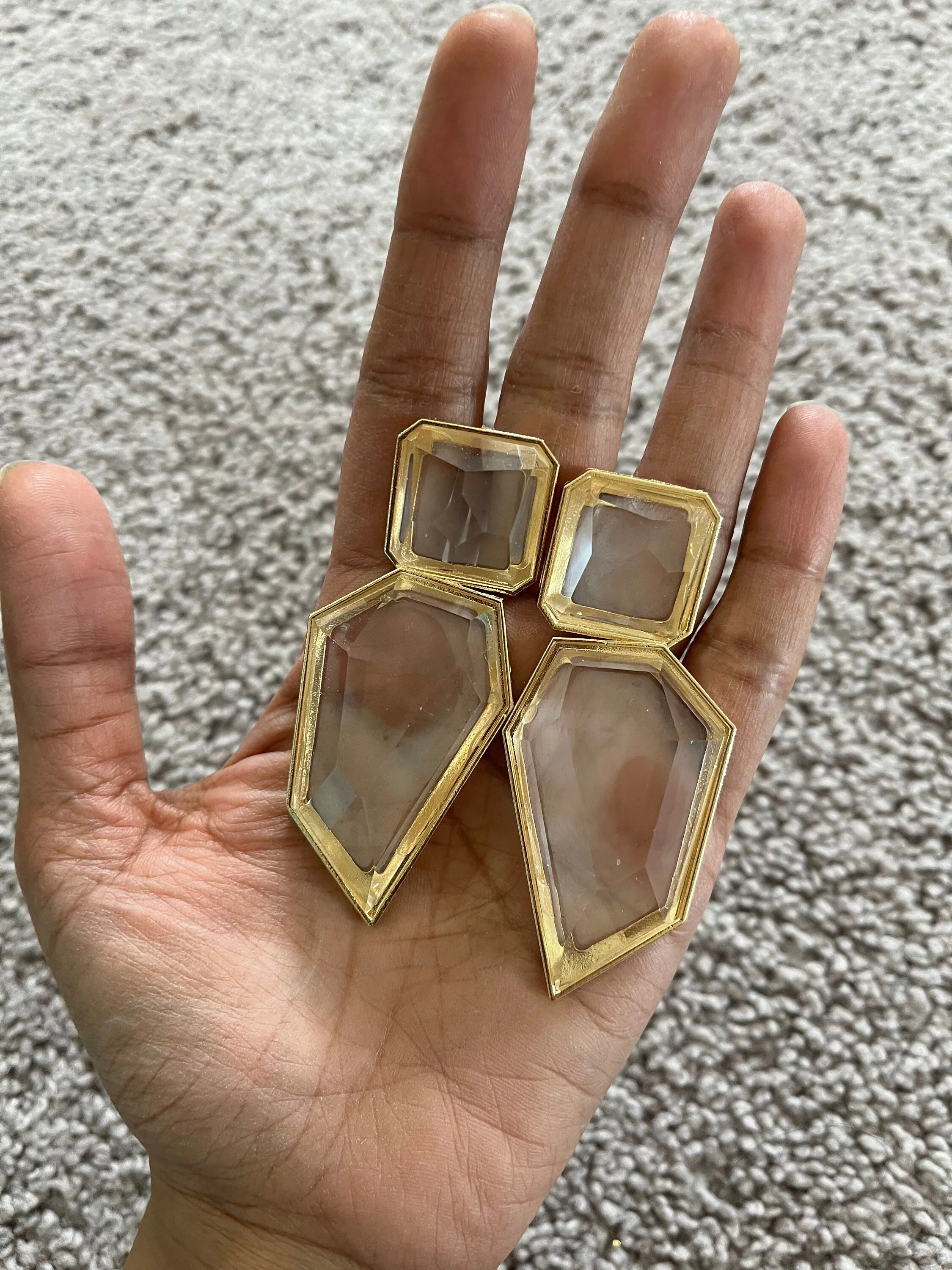 Large Gold clear earrings, chunky clear white and gold earrings, gold clear acrylic crystal earrings , bold statement  earrings 3.75”