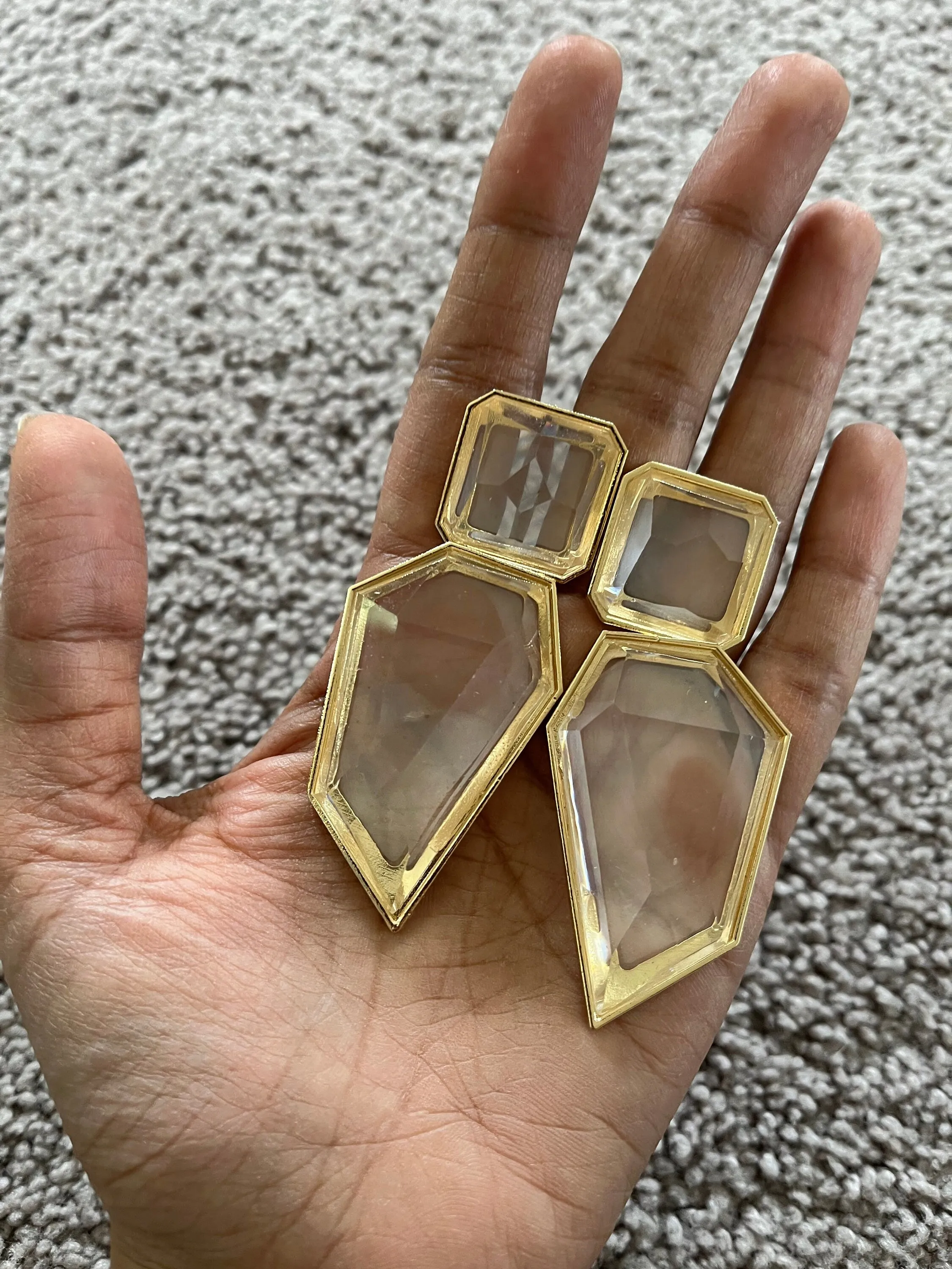 Large Gold clear earrings, chunky clear white and gold earrings, gold clear acrylic crystal earrings , bold statement  earrings 3.75”