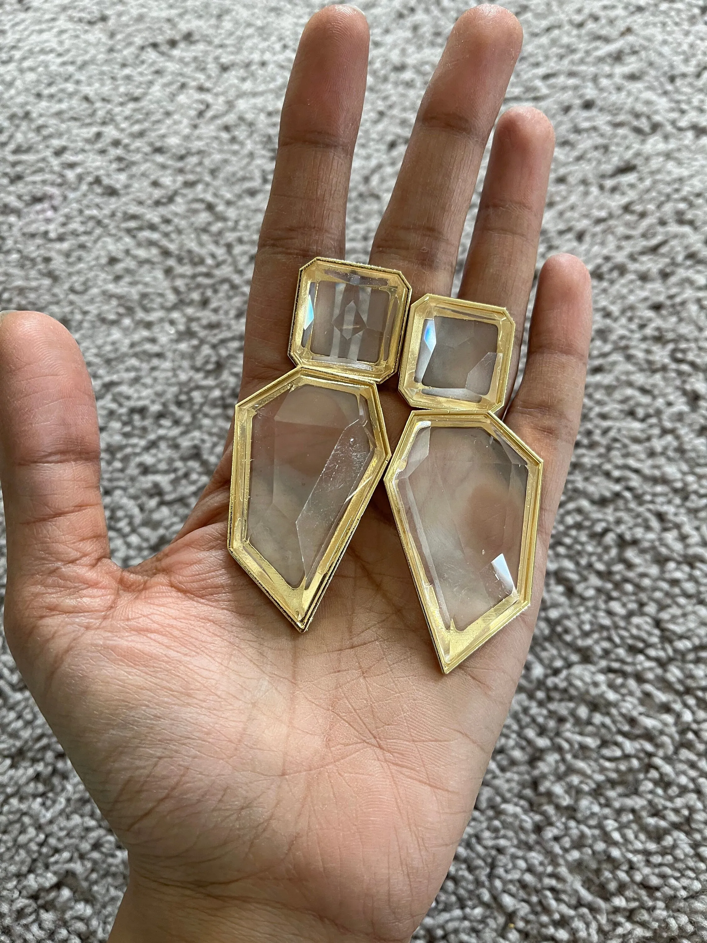 Large Gold clear earrings, chunky clear white and gold earrings, gold clear acrylic crystal earrings , bold statement  earrings 3.75”