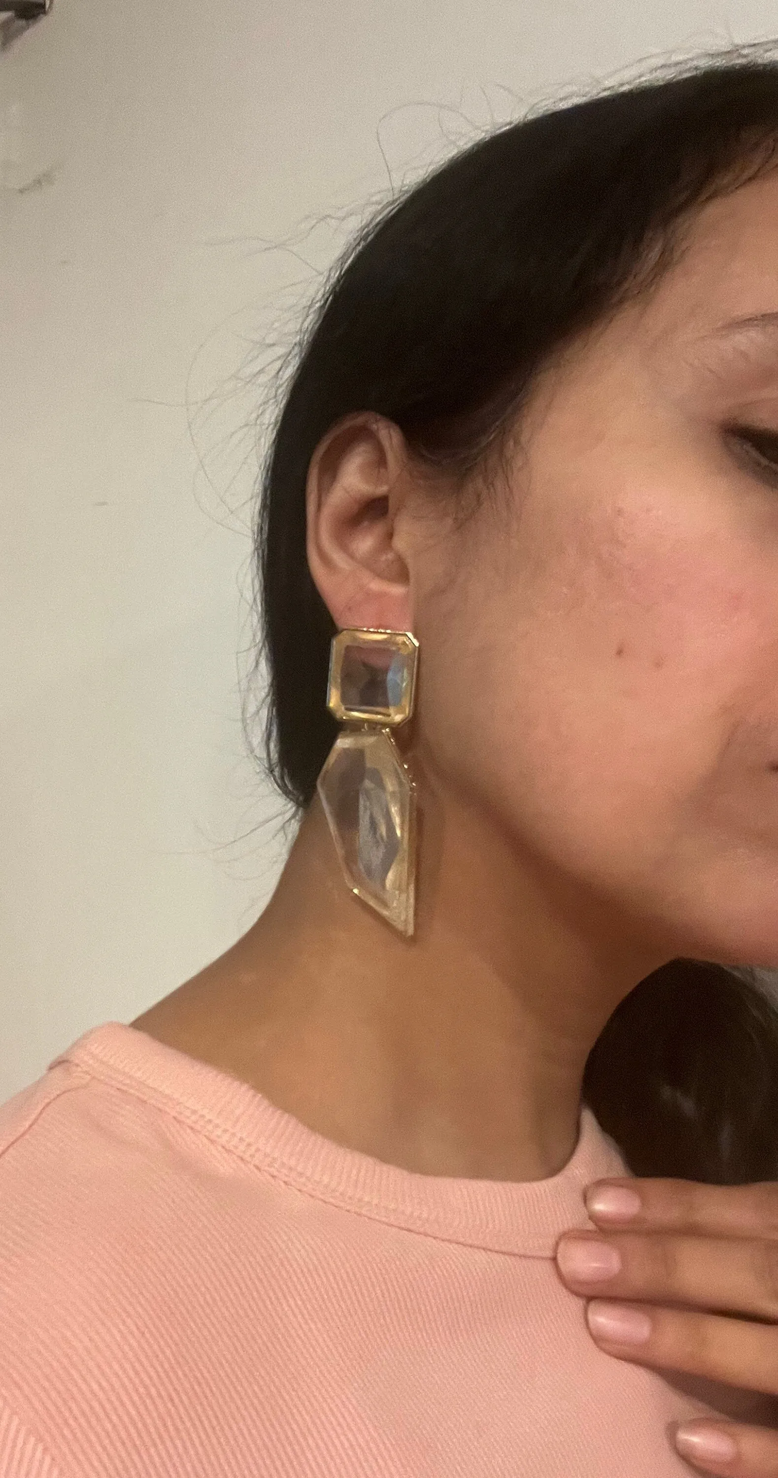 Large Gold clear earrings, chunky clear white and gold earrings, gold clear acrylic crystal earrings , bold statement  earrings 3.75”