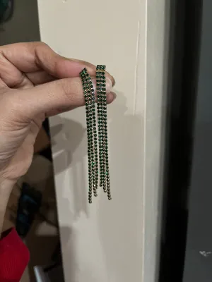 Large Green earrings  crystal Rhinestone very long fringe Crystal Pageant oversized dark green emerald Earrings