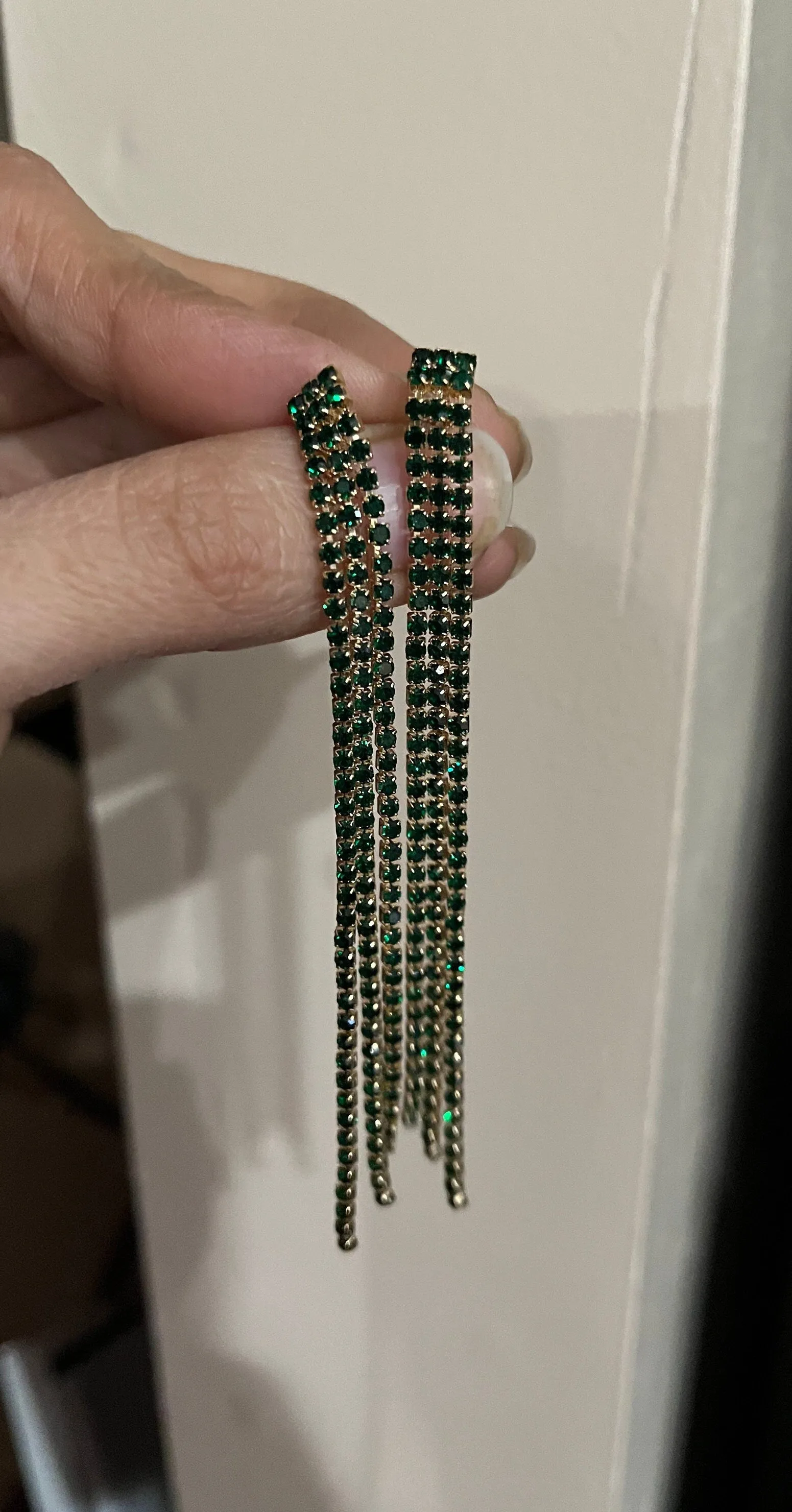 Large Green earrings  crystal Rhinestone very long fringe Crystal Pageant oversized dark green emerald Earrings