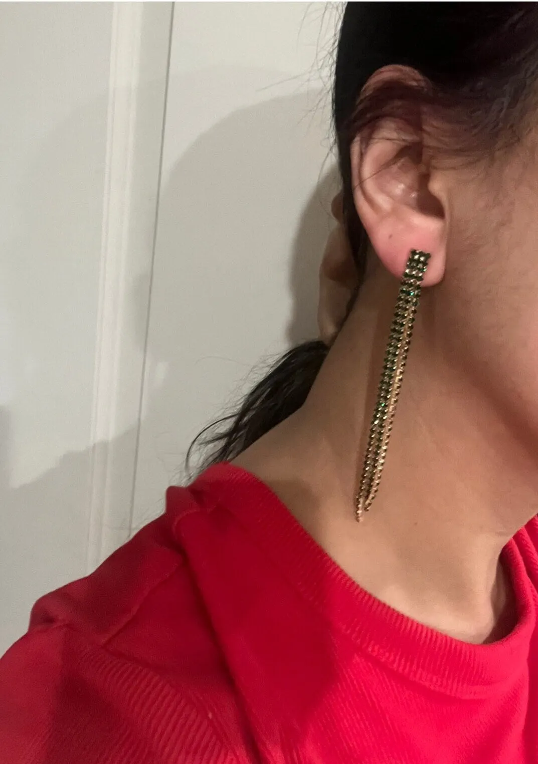 Large Green earrings  crystal Rhinestone very long fringe Crystal Pageant oversized dark green emerald Earrings