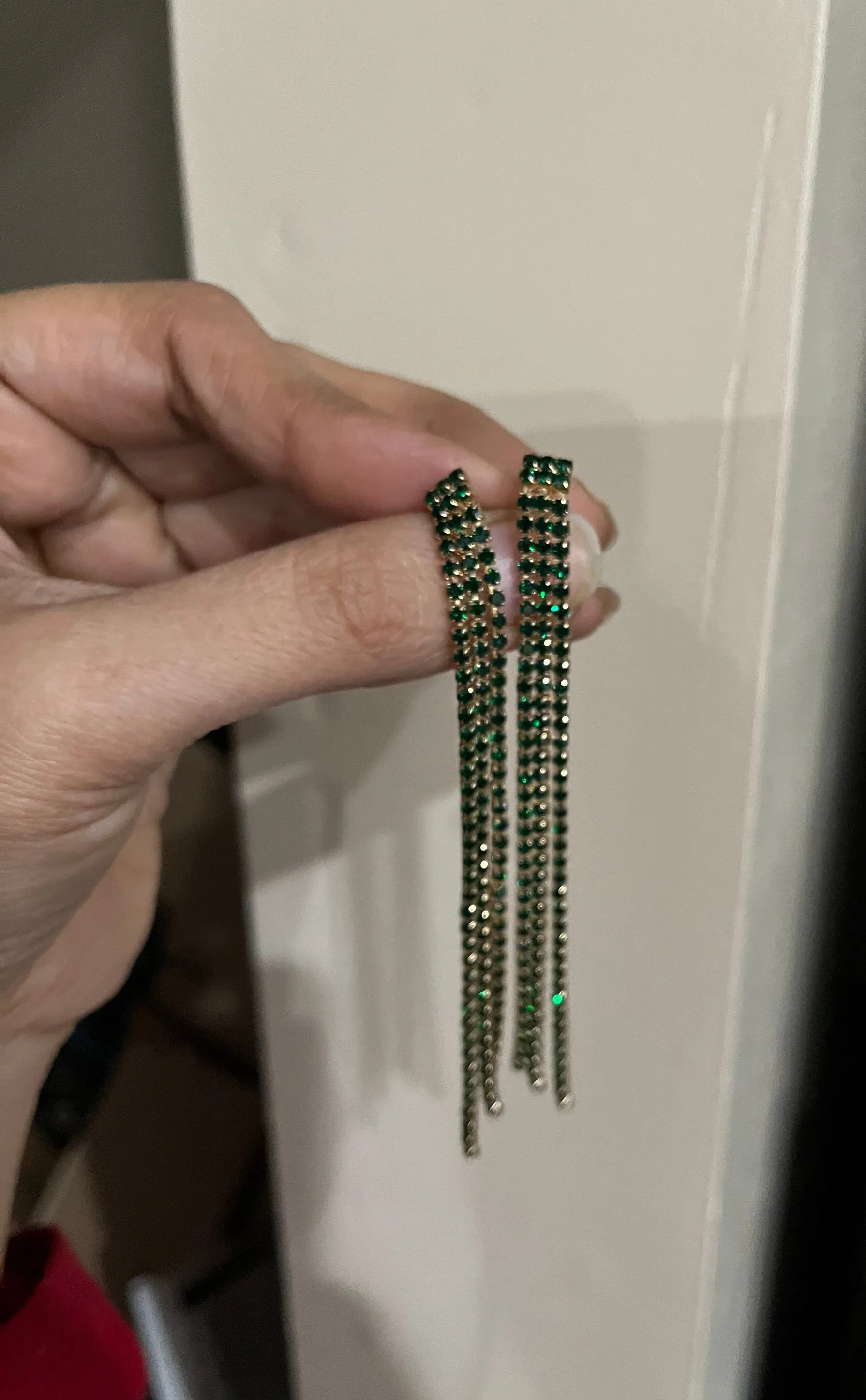 Large Green earrings  crystal Rhinestone very long fringe Crystal Pageant oversized dark green emerald Earrings