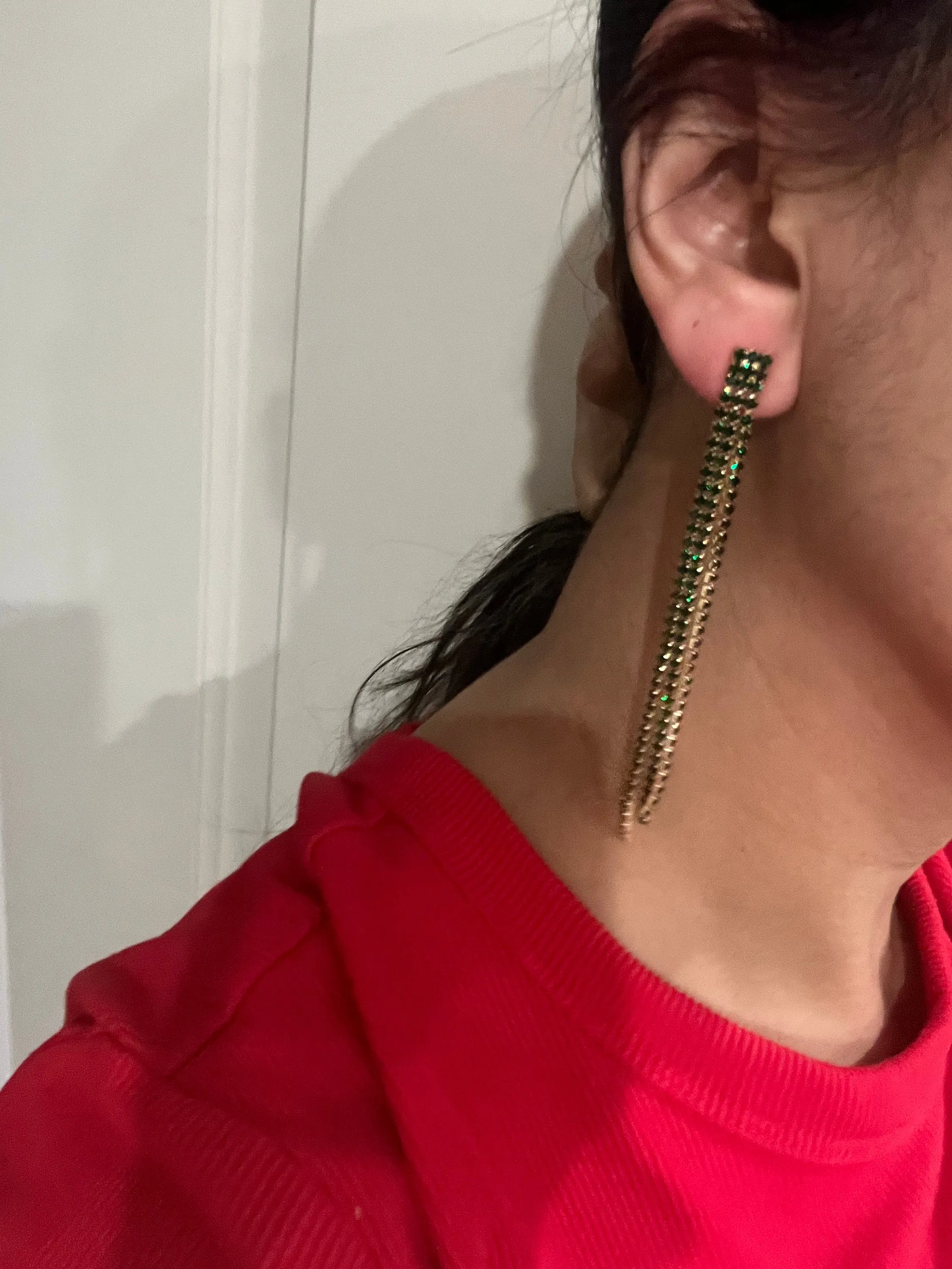 Large Green earrings  crystal Rhinestone very long fringe Crystal Pageant oversized dark green emerald Earrings