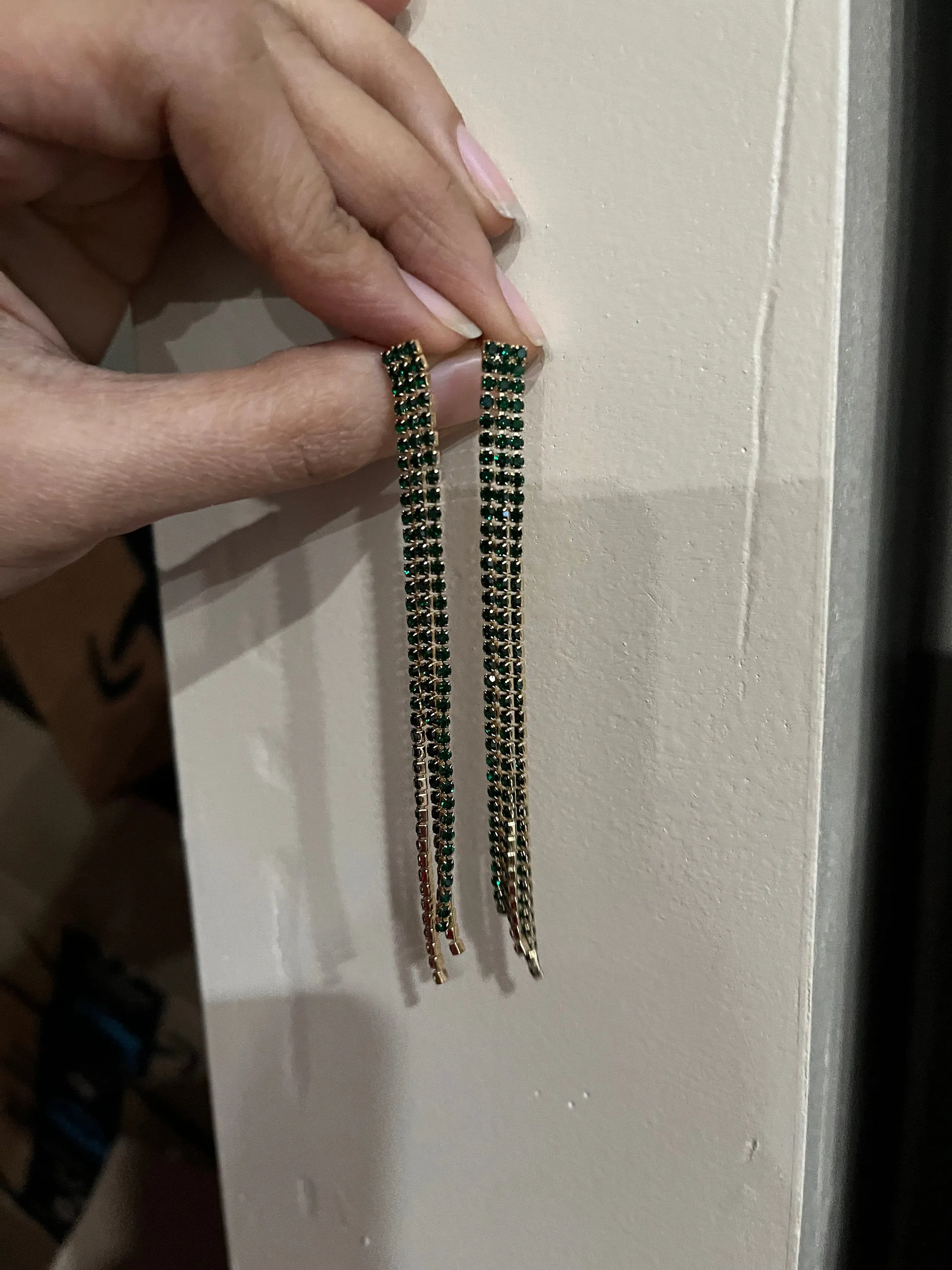 Large Green earrings  crystal Rhinestone very long fringe Crystal Pageant oversized dark green emerald Earrings