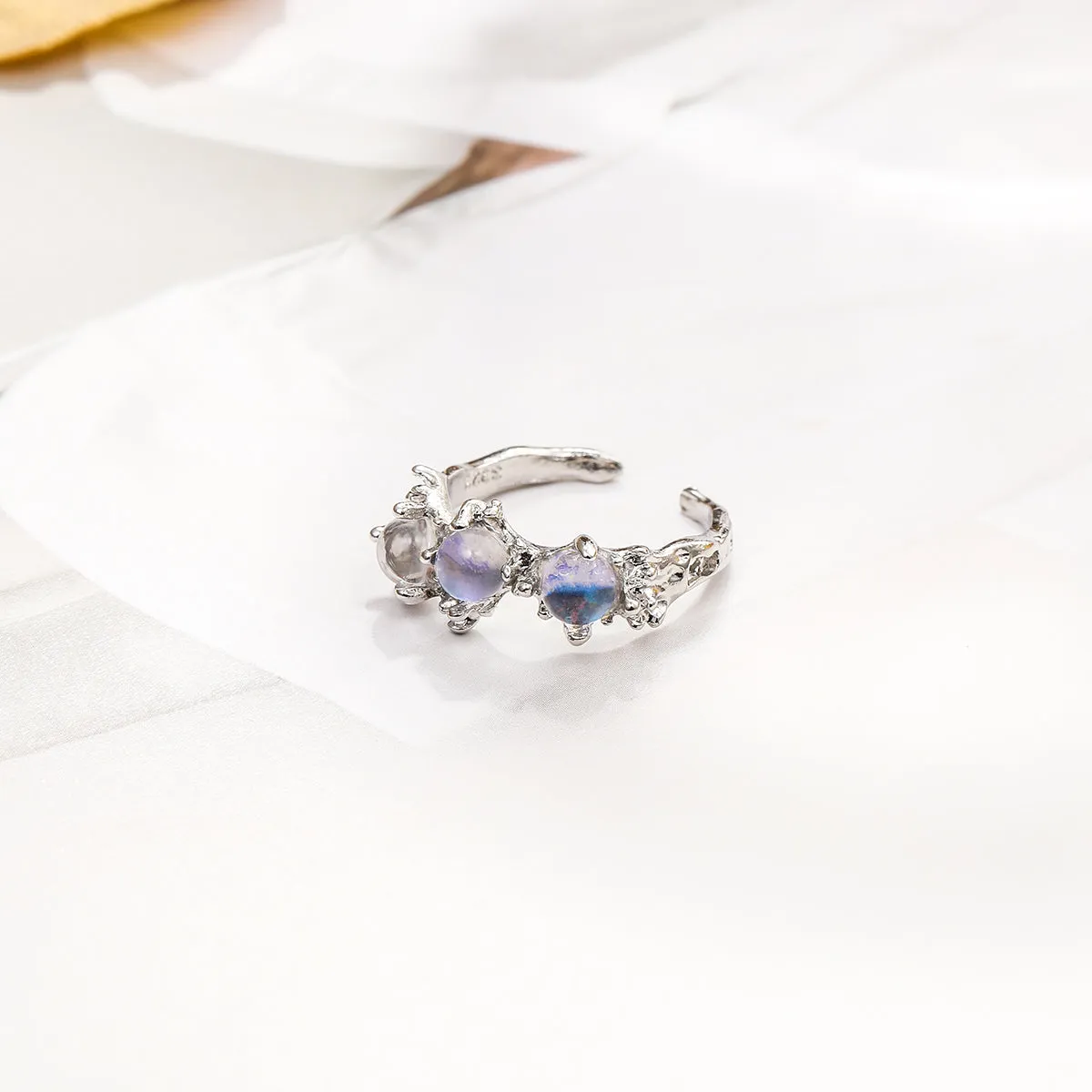 Lavender Moonstone & Silver-Plated Botanical Open Ring