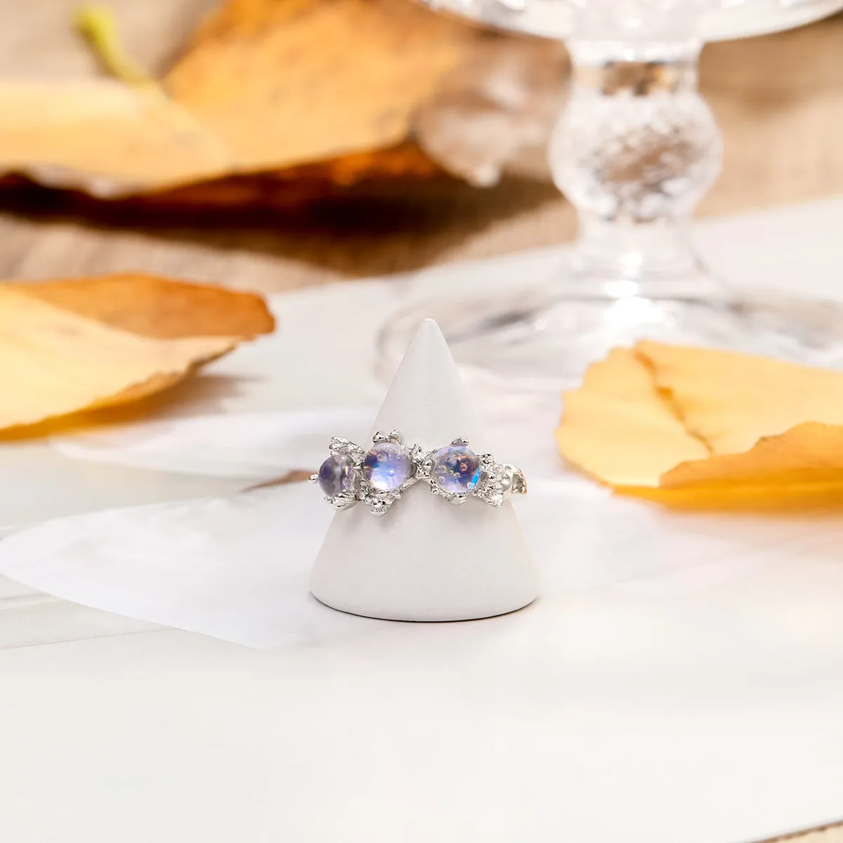 Lavender Moonstone & Silver-Plated Botanical Open Ring
