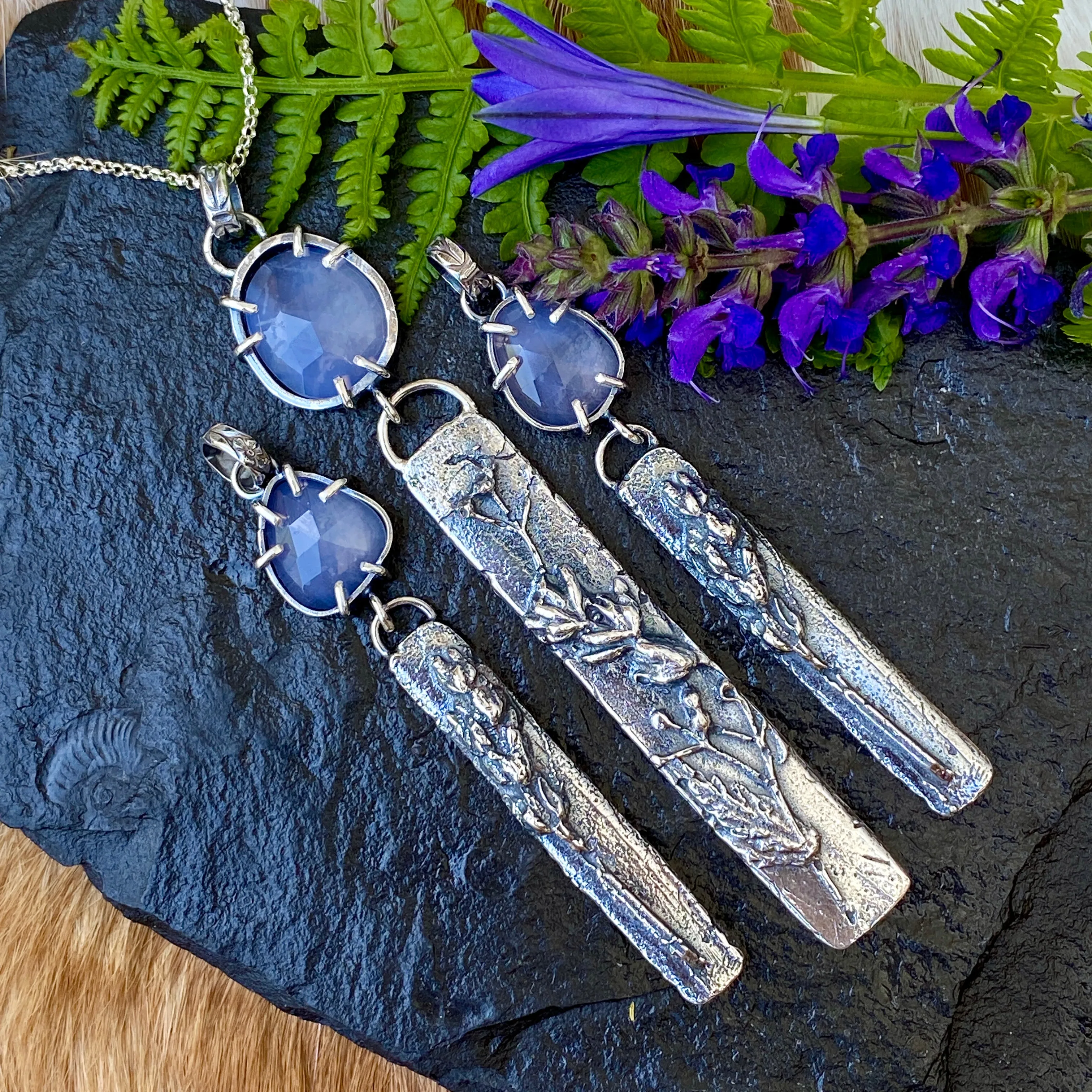 Lavender Quartz and hand cast Botanical Sprig II bar Sterling Silver Necklace