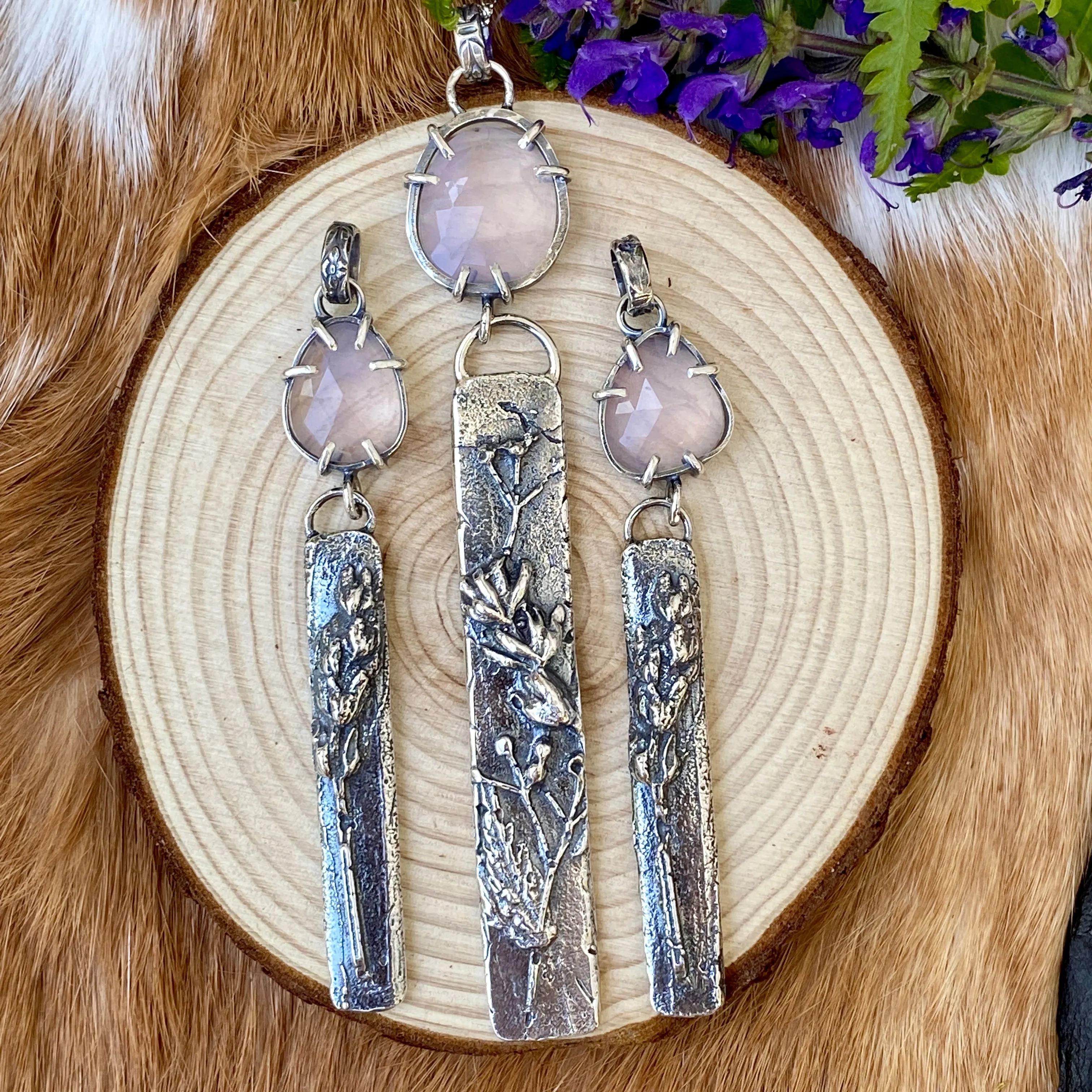 Lavender Quartz and hand cast Botanical Sprig II bar Sterling Silver Necklace