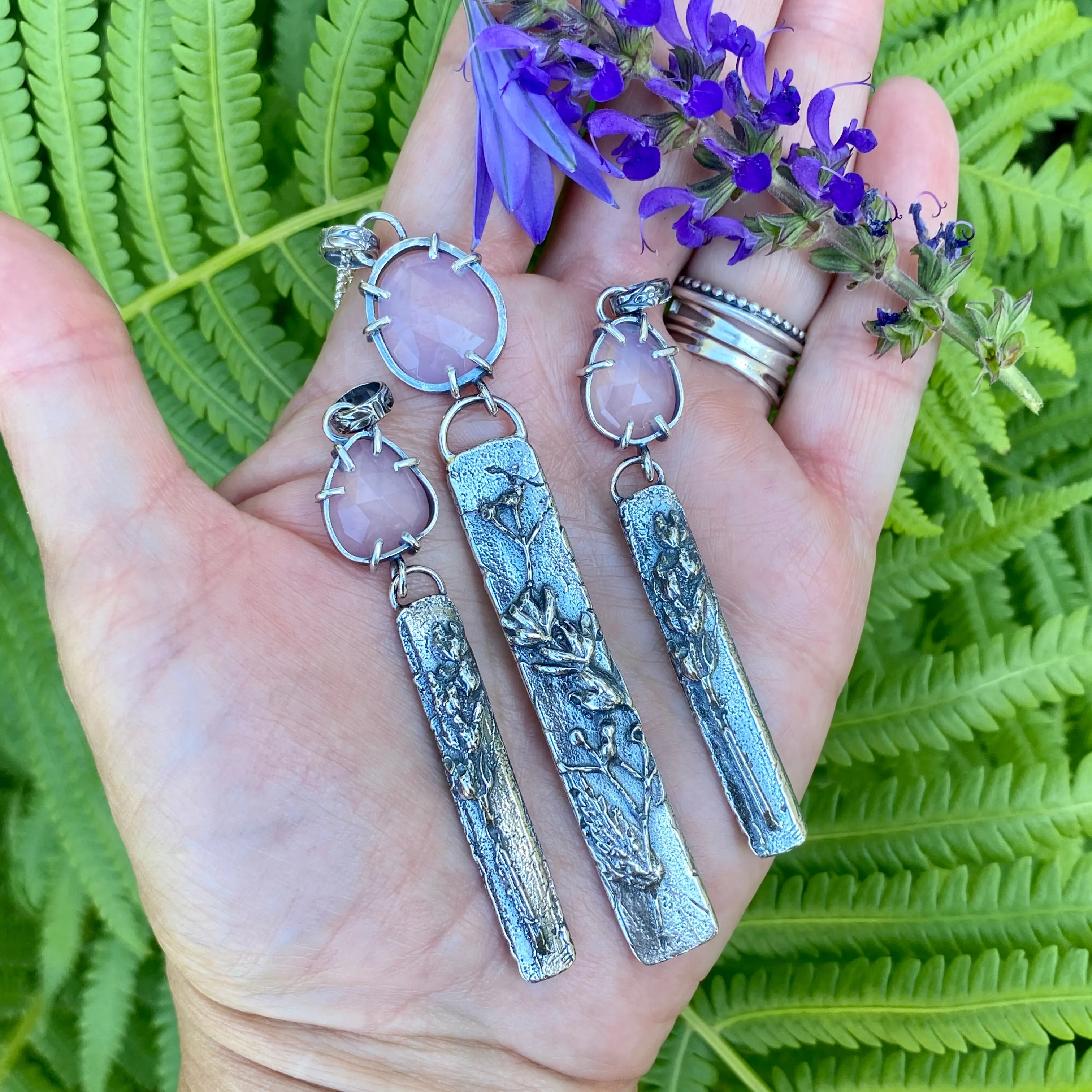 Lavender Quartz and hand cast Botanical Sprig II bar Sterling Silver Necklace