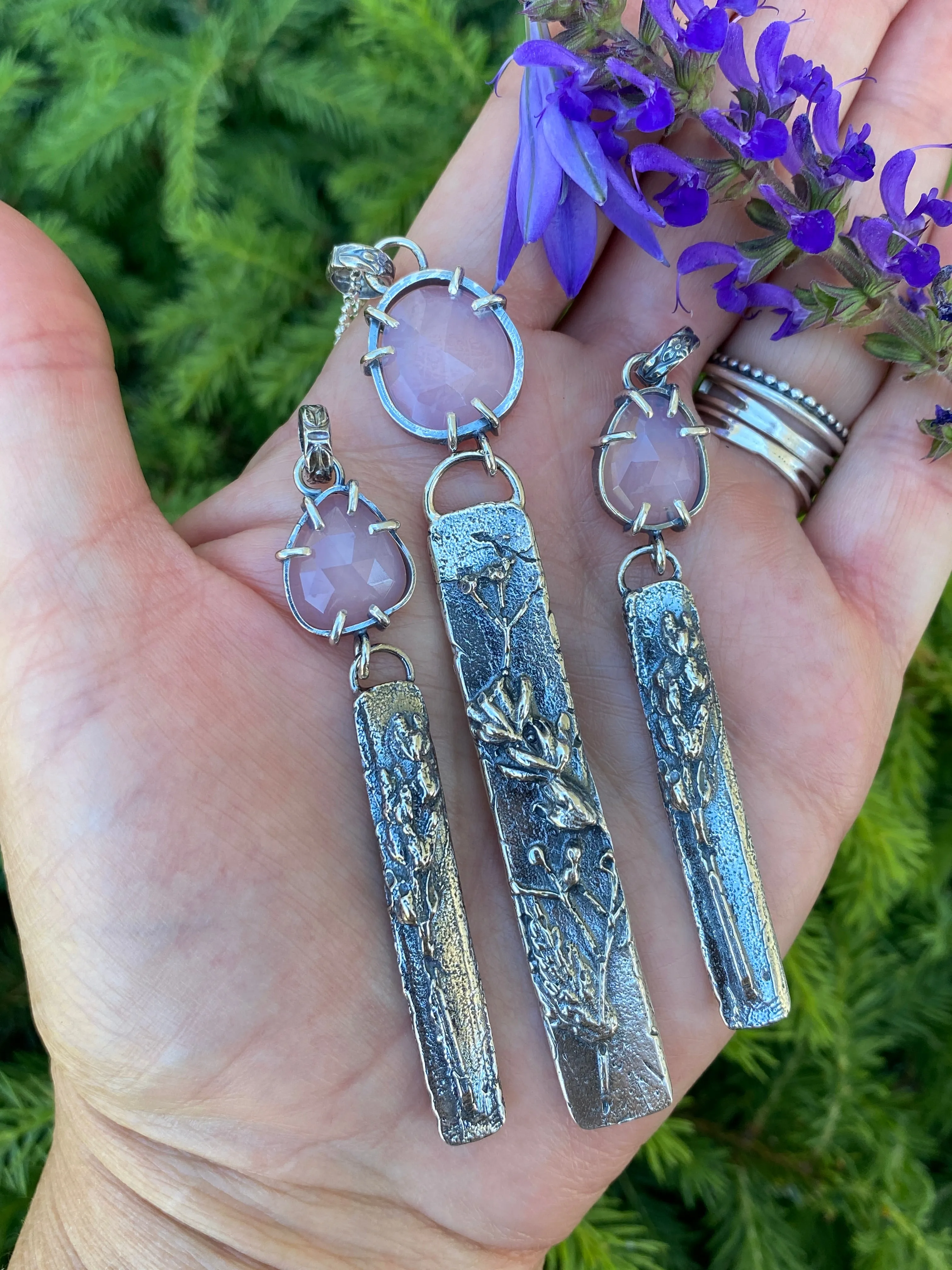 Lavender Quartz and hand cast Botanical Sprig II bar Sterling Silver Necklace