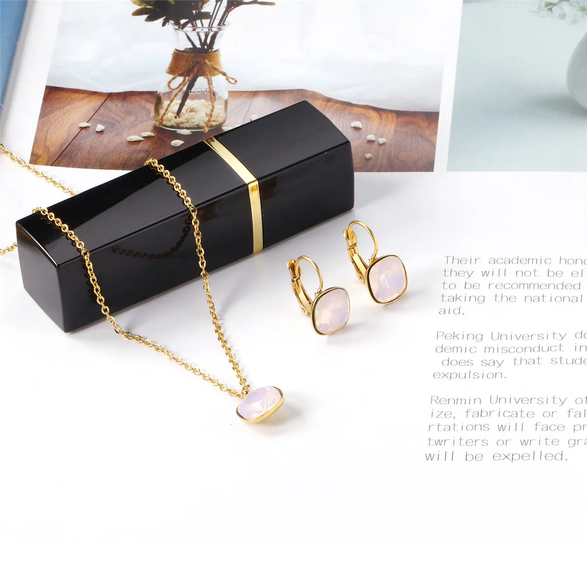 Light Pink Crystal & 18K Gold-Plated Square Huggie Earring Set