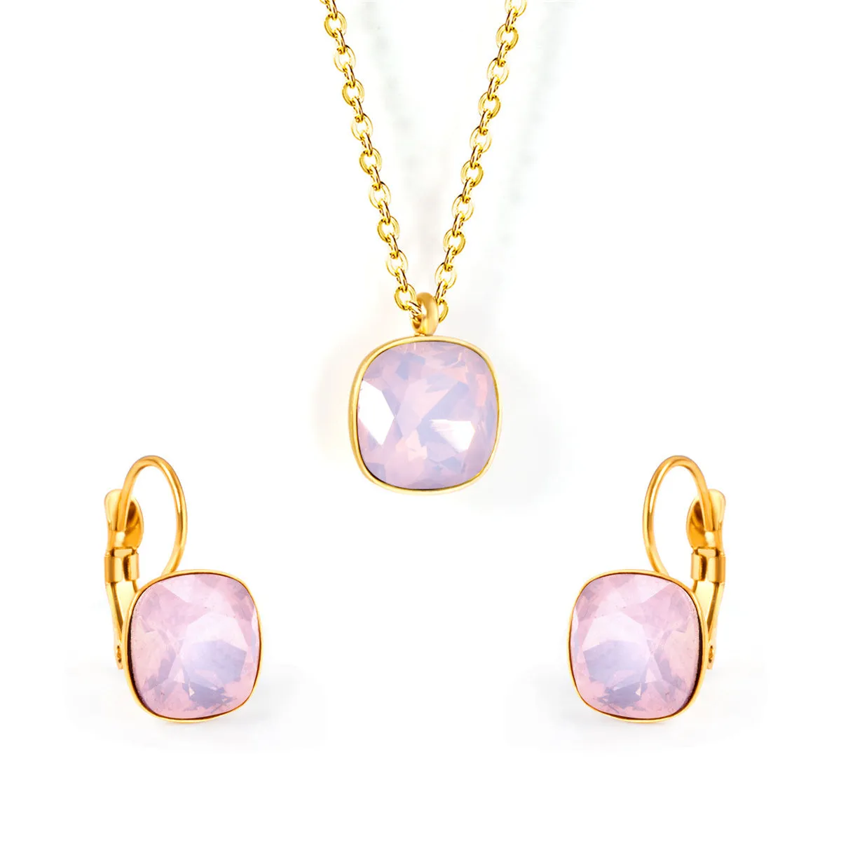 Light Pink Crystal & 18K Gold-Plated Square Huggie Earring Set