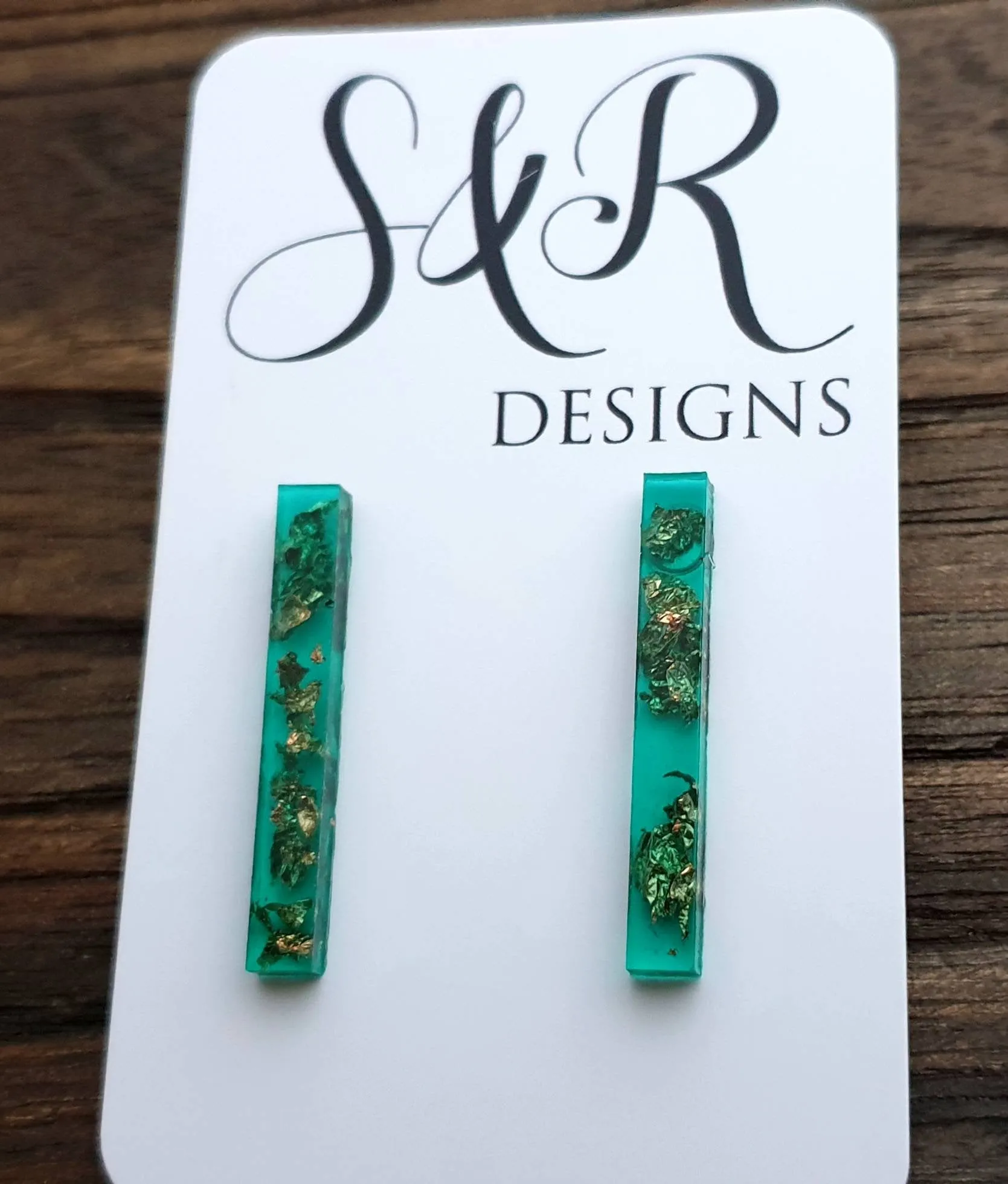 Long Bar Earrings, Emerald Green Rose Gold Leaf Earrings, Bar Resin Earrings, Stainless Steel Earrings, Statement Earrings