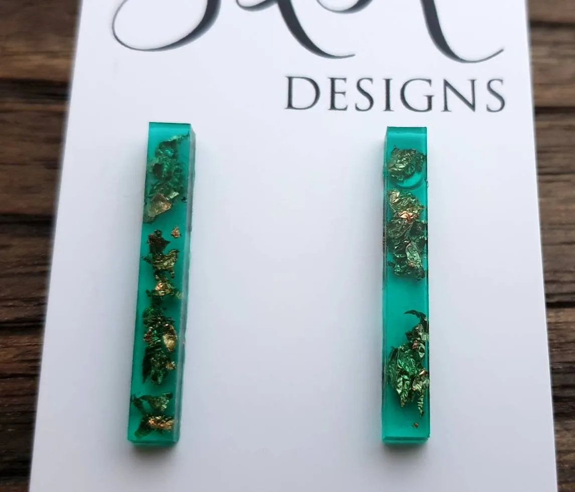 Long Bar Earrings, Emerald Green Rose Gold Leaf Earrings, Bar Resin Earrings, Stainless Steel Earrings, Statement Earrings