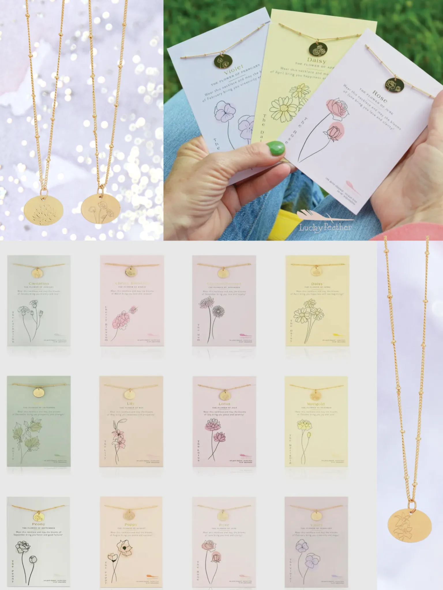 Lucky Feather Birth Flower Necklaces