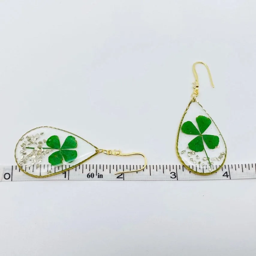 Lucky Four-Leaf Clover Dried Plant Teardrop Charm Earrings