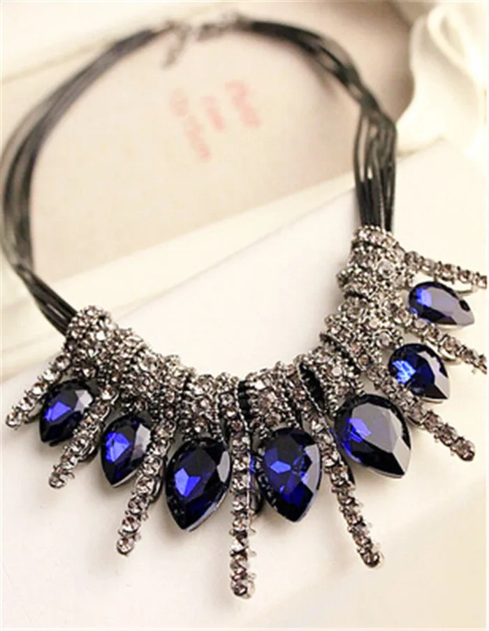 Luxury Imitation blue diomands rhinestone gem crystal peacock feather rope statement necklace fashion jewelry