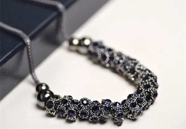 Luxury Imitation blue diomands rhinestone gem crystal peacock feather rope statement necklace fashion jewelry