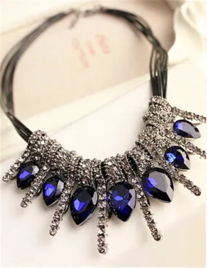 Luxury Imitation blue diomands rhinestone gem crystal peacock feather rope statement necklace fashion jewelry