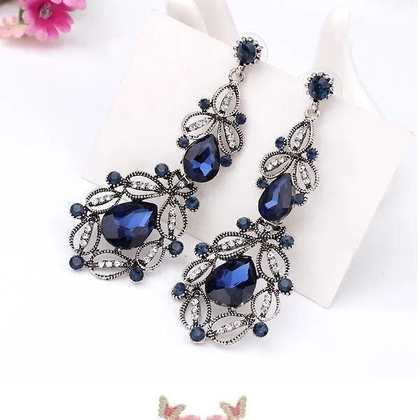 Luxury Imitation blue diomands rhinestone gem crystal peacock feather rope statement necklace fashion jewelry
