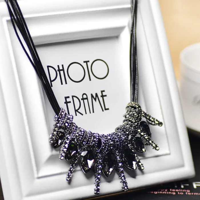 Luxury Imitation blue diomands rhinestone gem crystal peacock feather rope statement necklace fashion jewelry