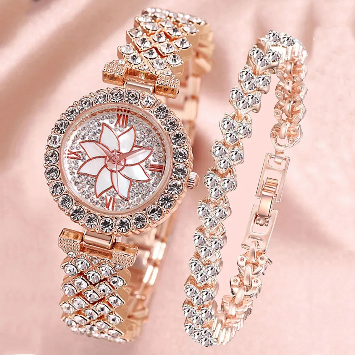Luxury Women Rose Gold Watch Fashion Ladies Quartz Diamond Wristwatch Elegant Female Bracelet Watches Set for Women Reloj Mujer