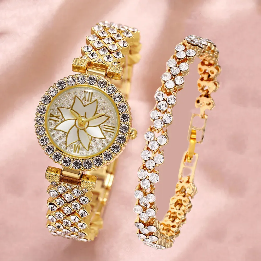 Luxury Women Rose Gold Watch Fashion Ladies Quartz Diamond Wristwatch Elegant Female Bracelet Watches Set for Women Reloj Mujer