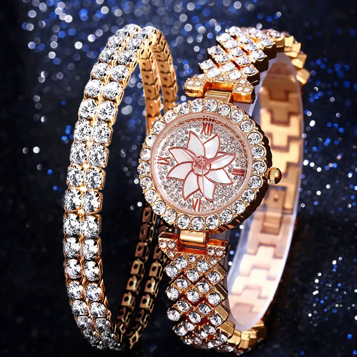 Luxury Women Rose Gold Watch Fashion Ladies Quartz Diamond Wristwatch Elegant Female Bracelet Watches Set for Women Reloj Mujer