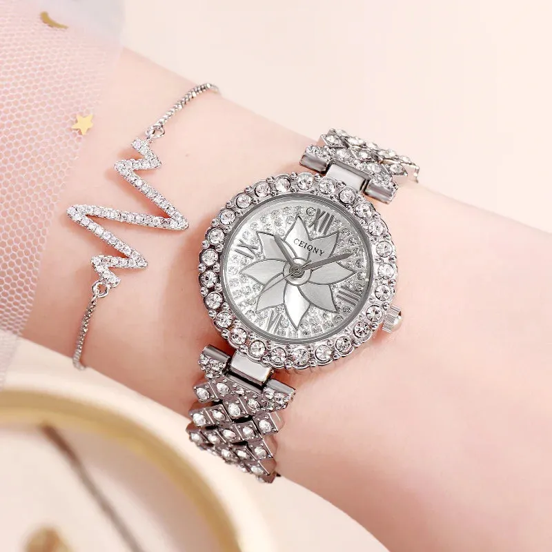 Luxury Women Rose Gold Watch Fashion Ladies Quartz Diamond Wristwatch Elegant Female Bracelet Watches Set for Women Reloj Mujer