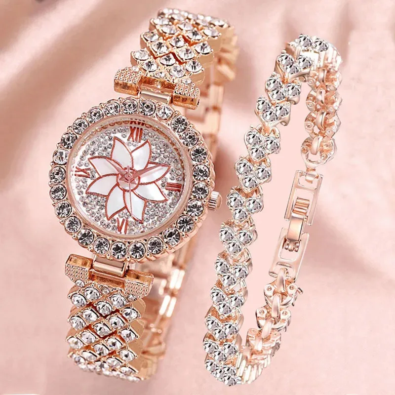 Luxury Women Rose Gold Watch Fashion Ladies Quartz Diamond Wristwatch Elegant Female Bracelet Watches Set for Women Reloj Mujer