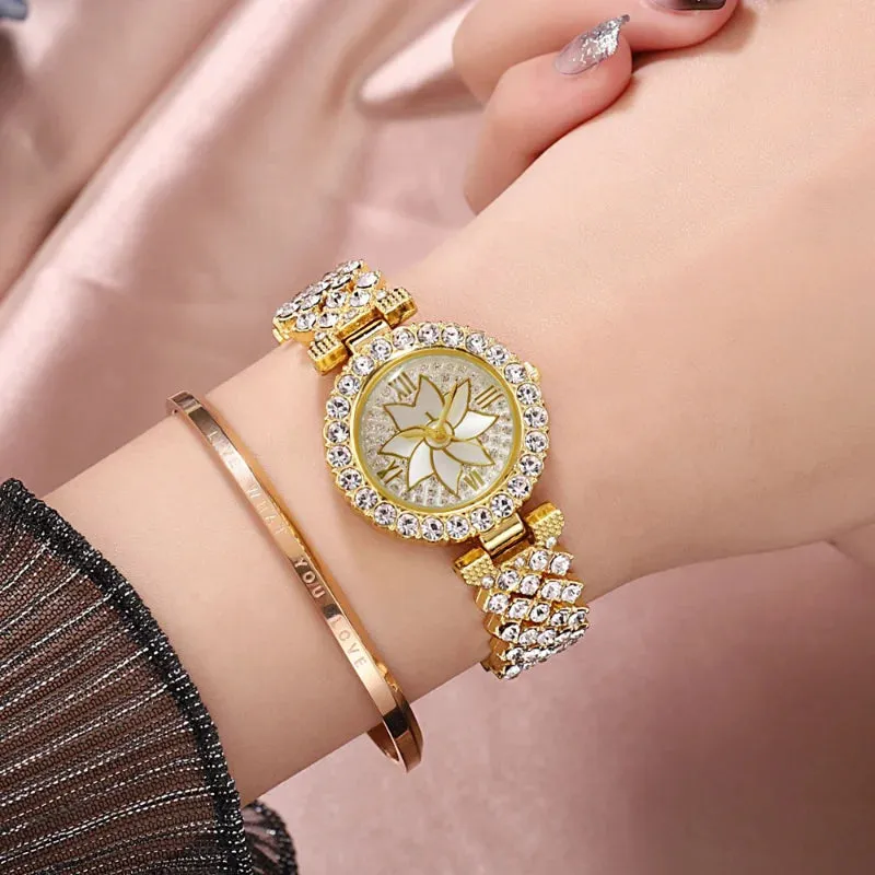 Luxury Women Rose Gold Watch Fashion Ladies Quartz Diamond Wristwatch Elegant Female Bracelet Watches Set for Women Reloj Mujer