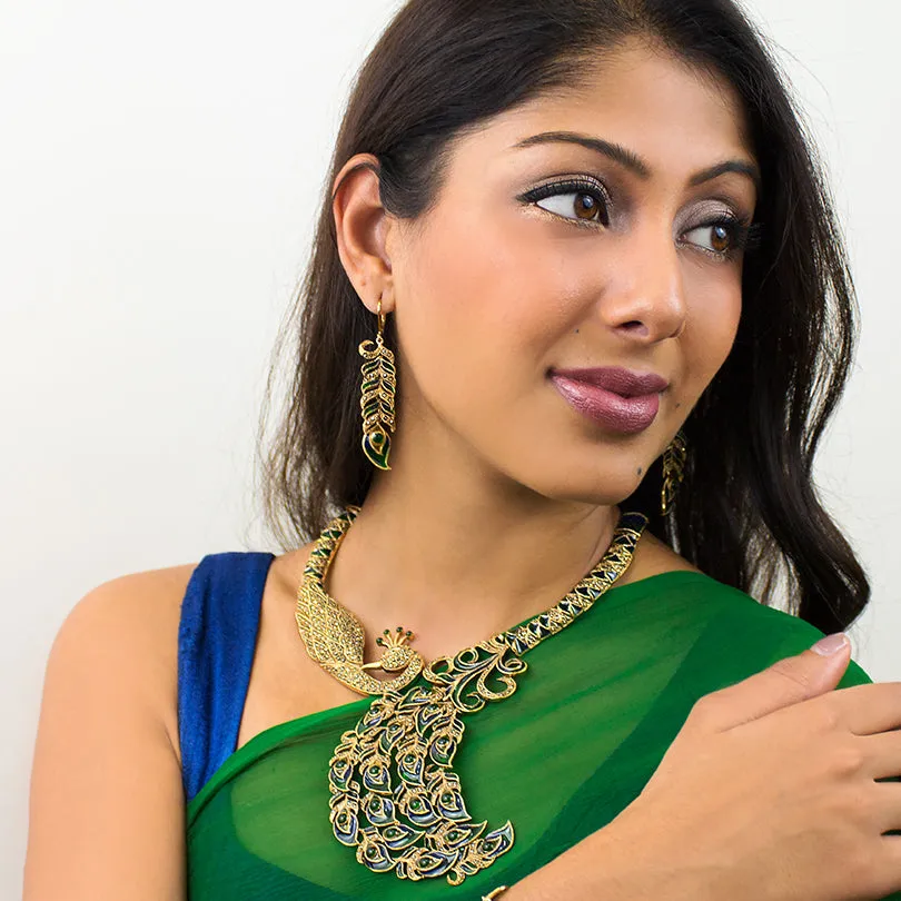 Majestic Green Peacock Gold Plated Marcasite Statement Necklace