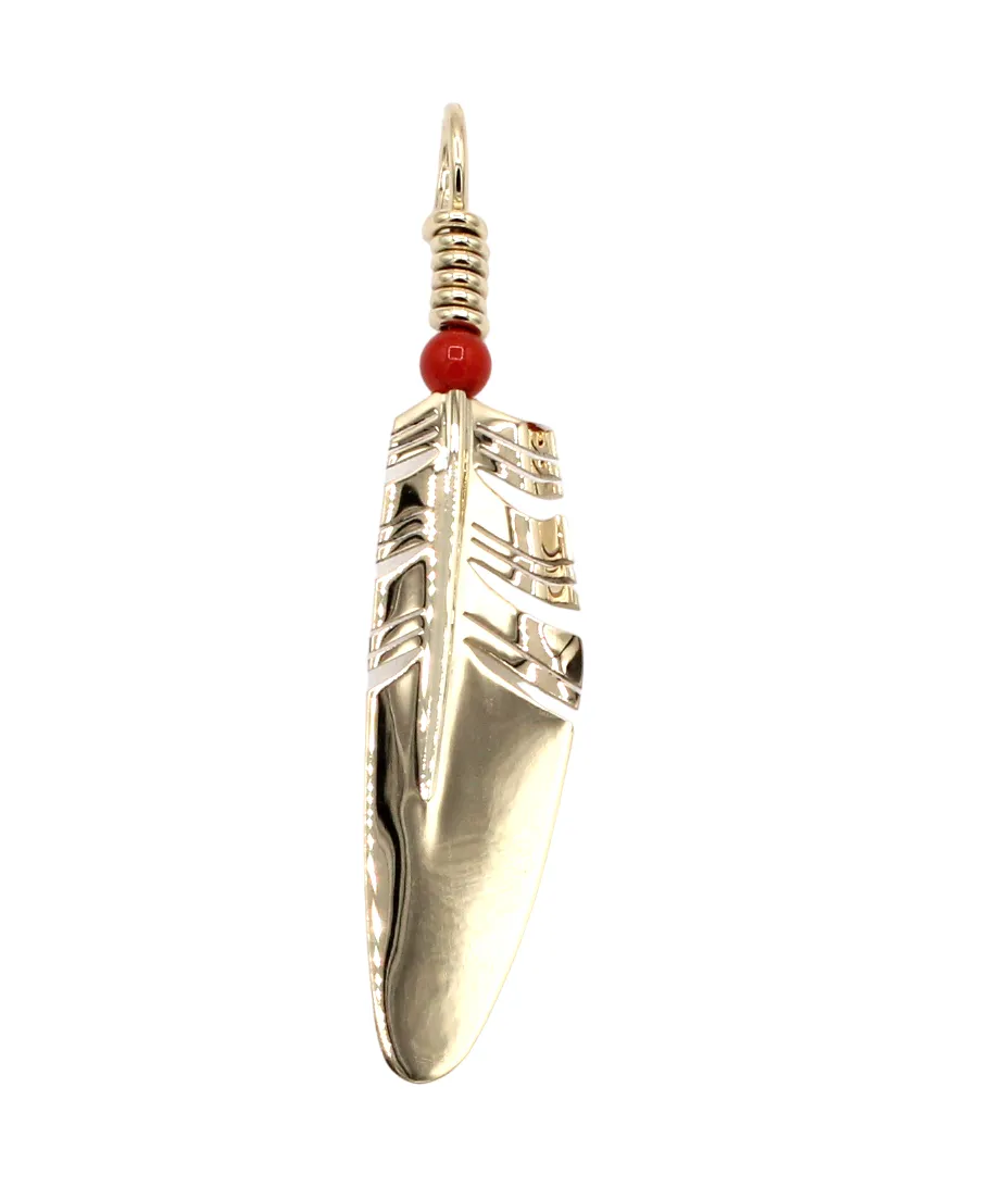 Medium Gold Feather with Coral Bead