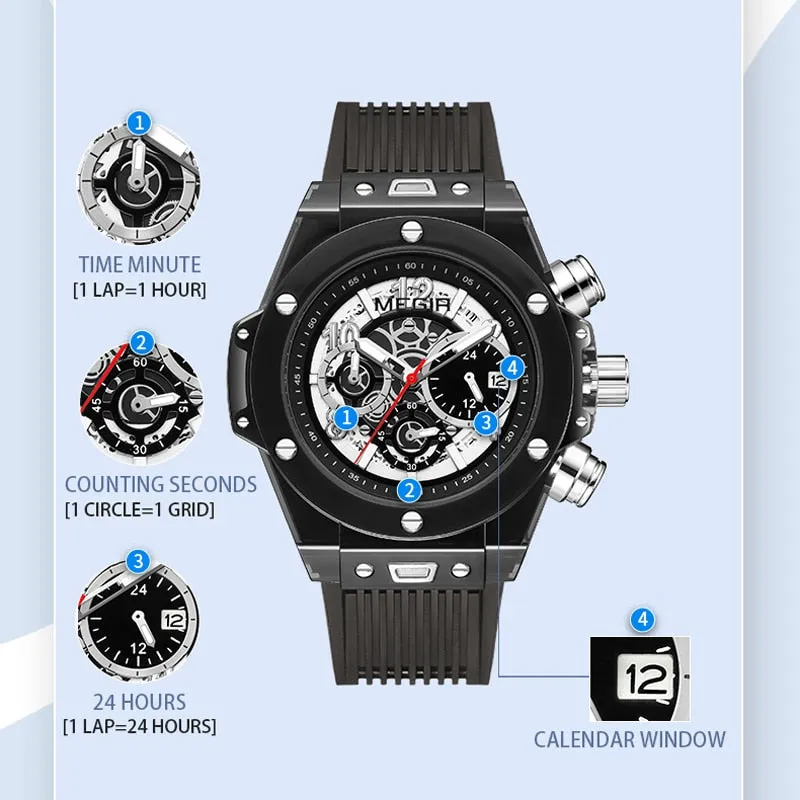 MEGIR Fashion Chronograph Men Watches Transparent Case Silicone Band Sport Wristwatch Top Brand Luxury Quartz Clock with Date