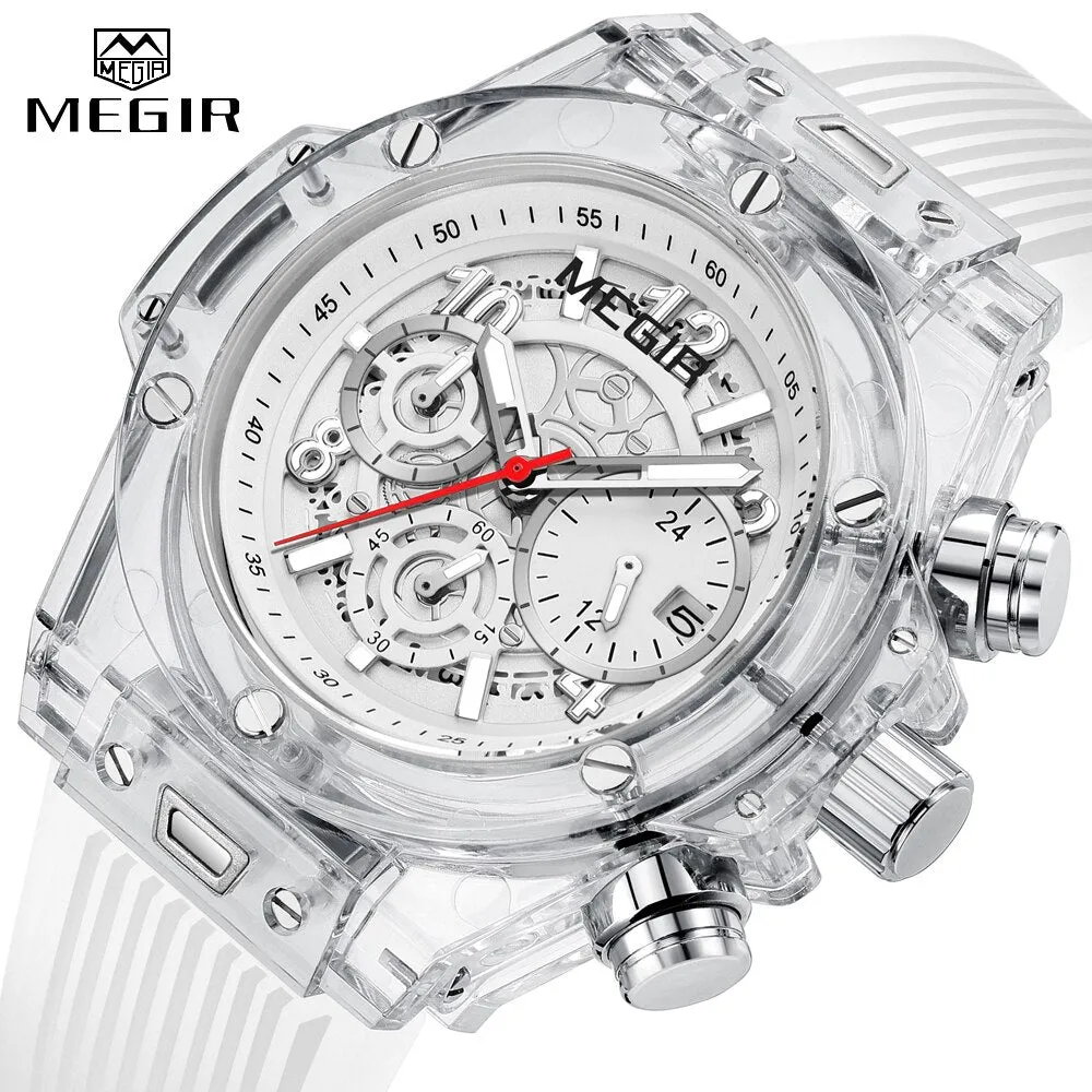 MEGIR Fashion Chronograph Men Watches Transparent Case Silicone Band Sport Wristwatch Top Brand Luxury Quartz Clock with Date